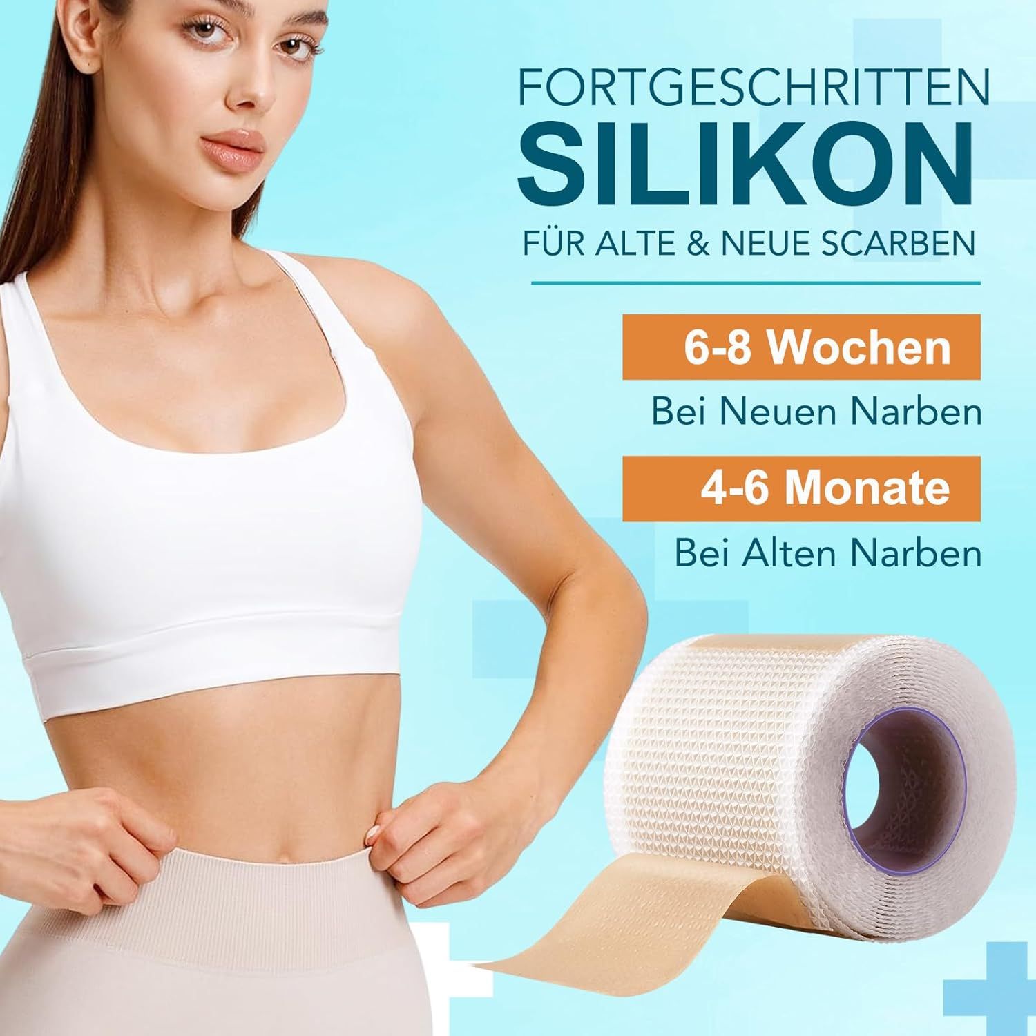 Donna con rotolo di cerotto per cicatrici. Testo: Silicone per cicatrici vecchie e nuove. 6-8 settimane per nuove, 4-6 mesi per vecchie.