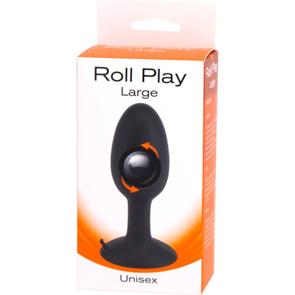 Plug anale nero in silicone in confezione. Nome prodotto "Roll Play Large" visibile. Indicazione "Unisex".