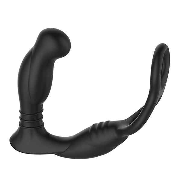 Prodotto benessere nero con due anelli e un'estremità arrotondata. Texture scanalata sulla parte curva.