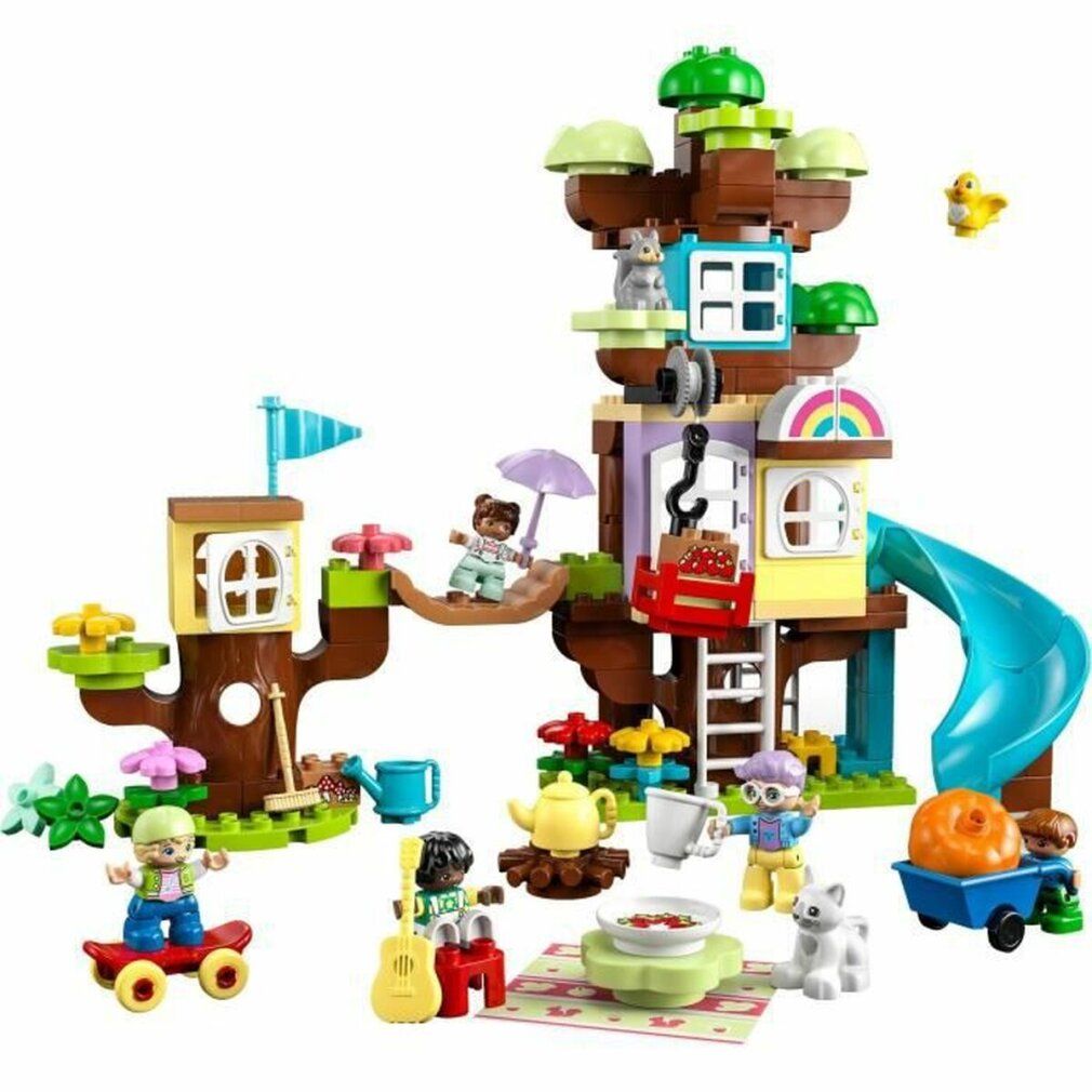 Set LEGO Duplo 3-in-1 Casa sull'albero. Casa sull'albero con scivolo, personaggi, accessori. Include altalena, ponte e chitarra.