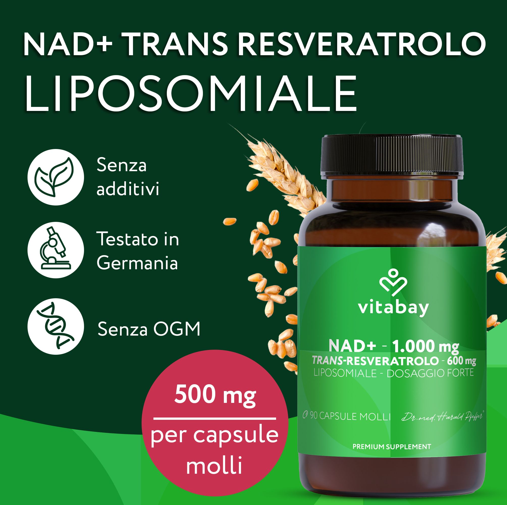 Vitabay NAD+ 1000 mg Trans-Resveratrol 600 mg capsula. Sigilli: Testato in laboratorio in Germania, Vegano.