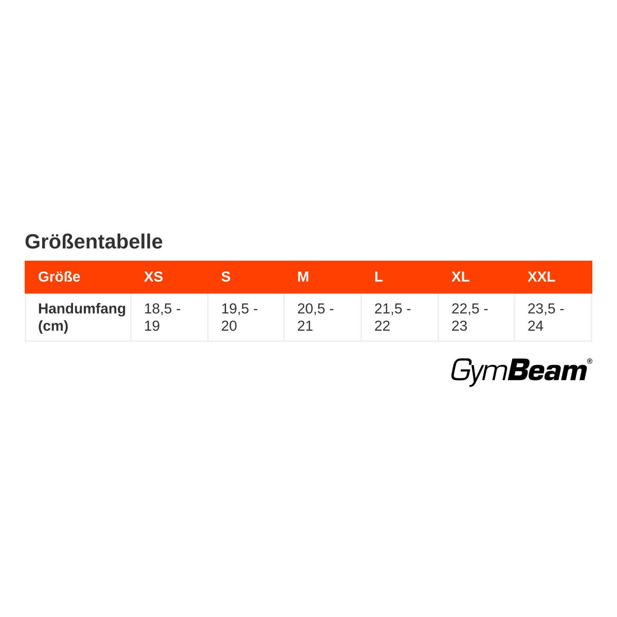 Tabella taglie per circonferenza mano (cm): XS (18,5-19), S (19,5-20), M (20,5-21), L (21,5-22), XL (22,5-23), XXL (23,5-24). Logo GymBeam.