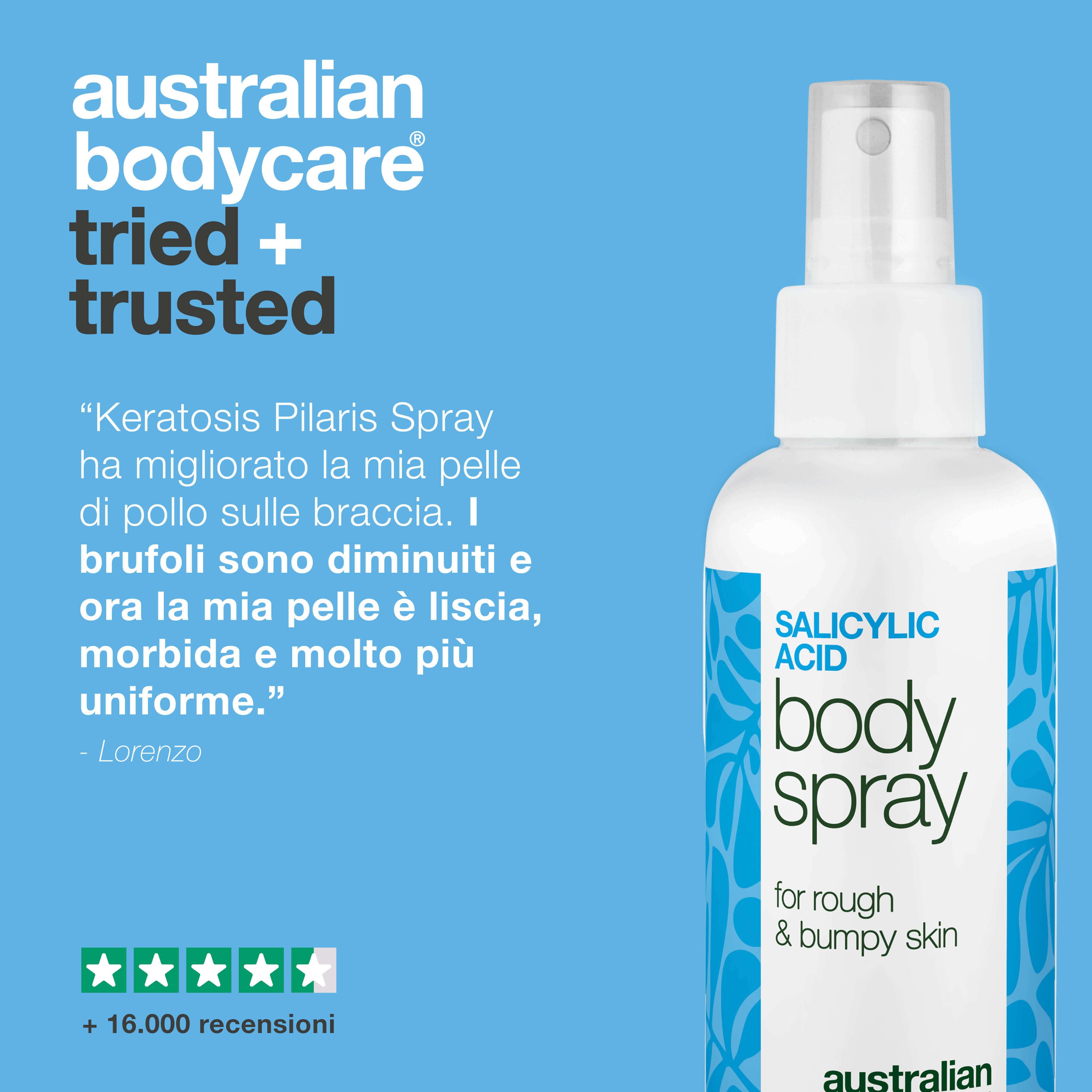 Spray con testo: Salicilico Body Spray, Australian Bodycare. Citazioni e stelle.