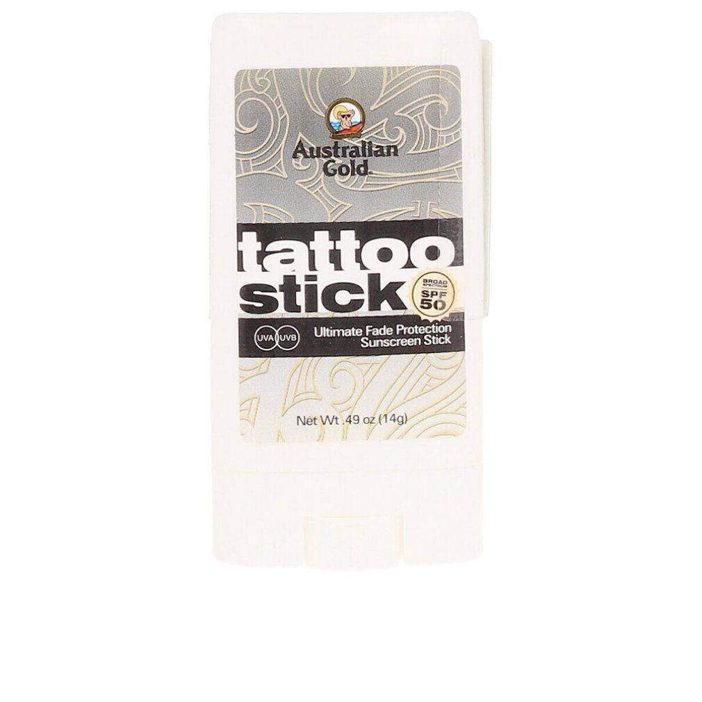 Stick solare bianco con scritta nera. Contiene SPF 50. Marchio: Australian Gold.