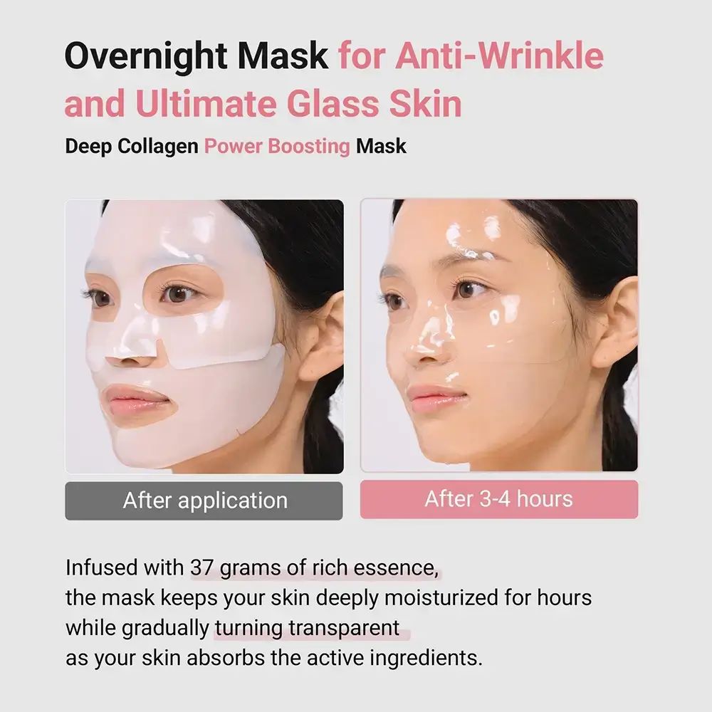 Due immagini mostrano volti con maschere viso. Testo: Overnight Mask per Anti-Wrinkle e Ultimate Glass Skin.