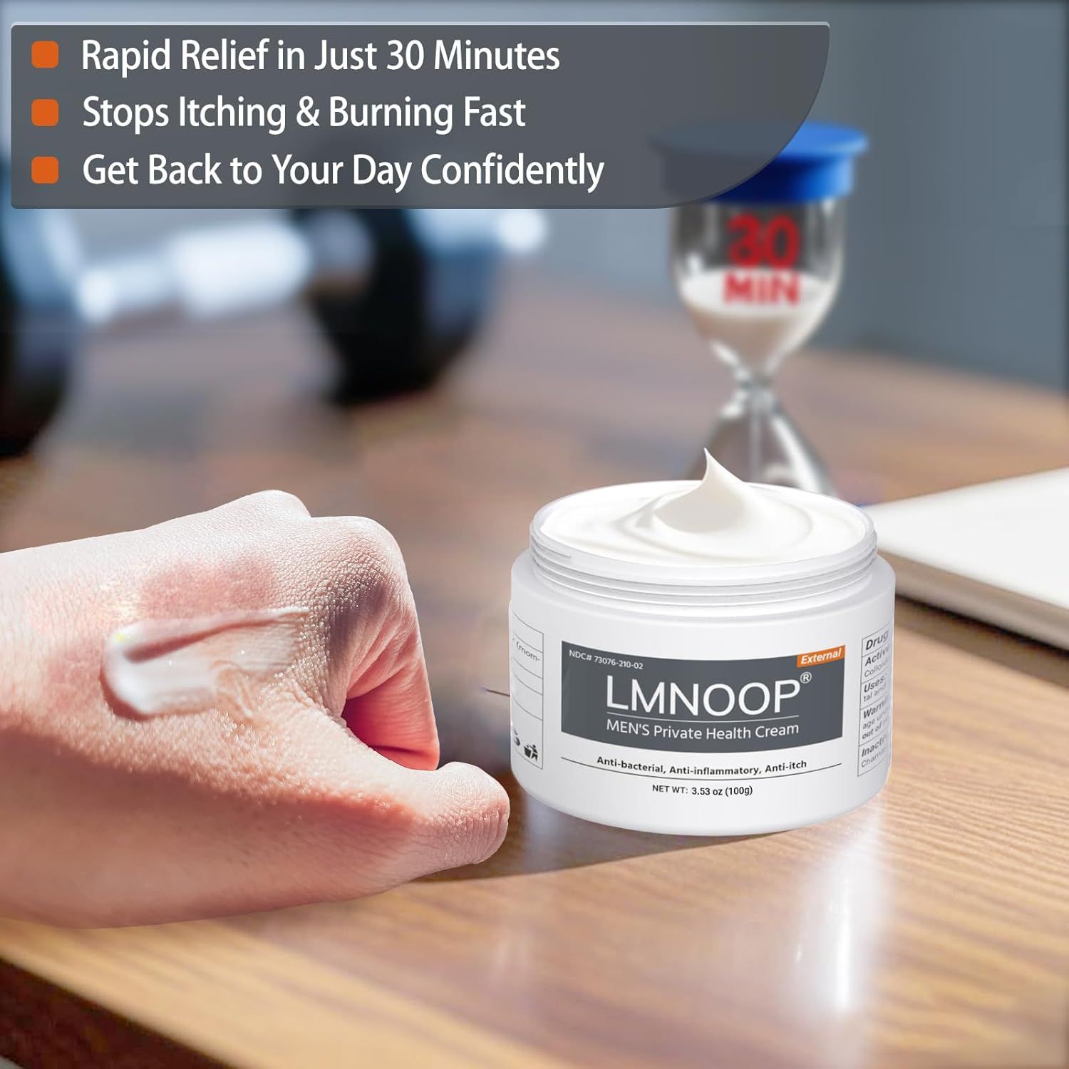 Vasetto di crema bianco. Testo: "LMNOOP MEN'S Private Health Cream". Testo: Sollievo rapido, ferma il prurito, torna alla tua giornata.