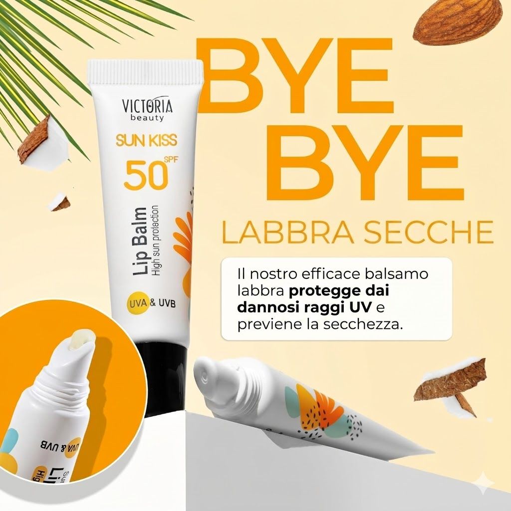 Victoria Beauty Sun Kiss Lip Balm SPF 50. Tubo e prodotto. Testo: Bye Bye labbra secche, UVA & UVB, Alta protezione.