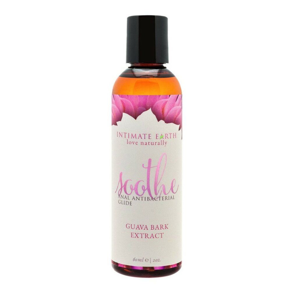 Flacone con liquido e tappo nero. Scritte: Intimate Earth, Soothe, Guava Bark Extract.