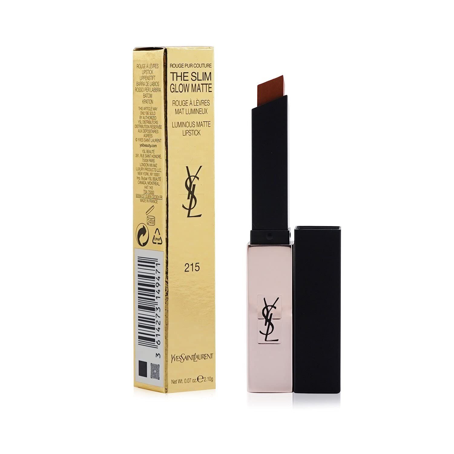 Rossetto con confezione dorata. Scritta: Yves Saint Laurent, The Slim Glow Matte, 215. Rossetto aperto accanto.