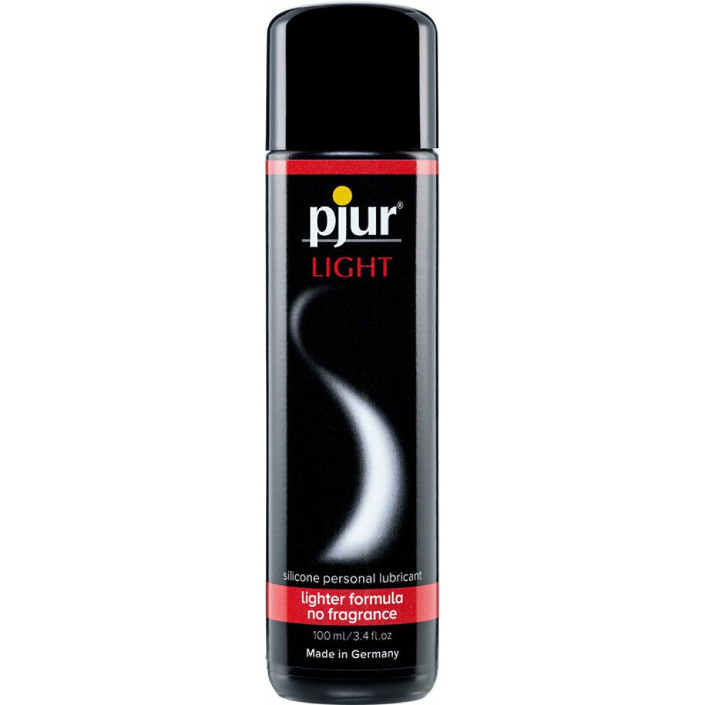 Flacone nero con etichetta rossa e gialla. Scritta: pjur LIGHT, lubrificante personale a base di silicone, senza profumo. Prodotto in Germania.