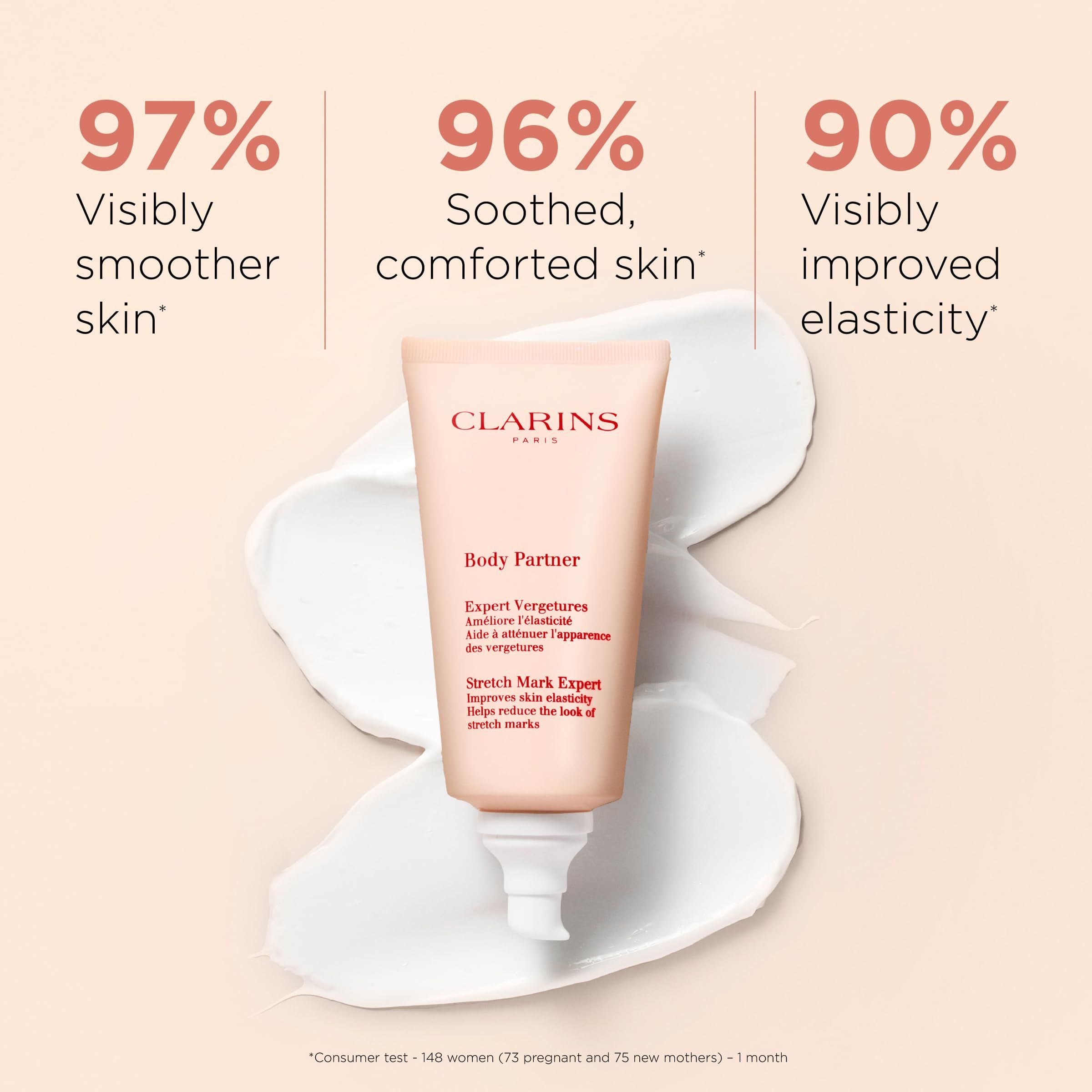 Clarins Body Partner Expert Vergetures. Tubo con prodotto circondato da crema. Testo: 97% pelle più liscia, 96% pelle lenita, 90% elasticità migliorata.