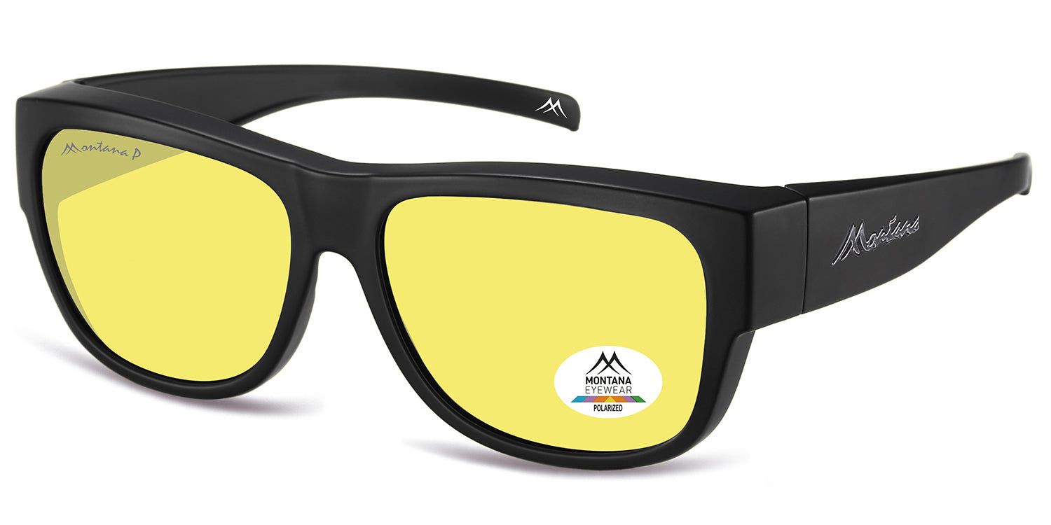 Occhiali da sole neri con lenti gialle. Logo Montana Eyewear ed etichetta polarizzata. Vista laterale.