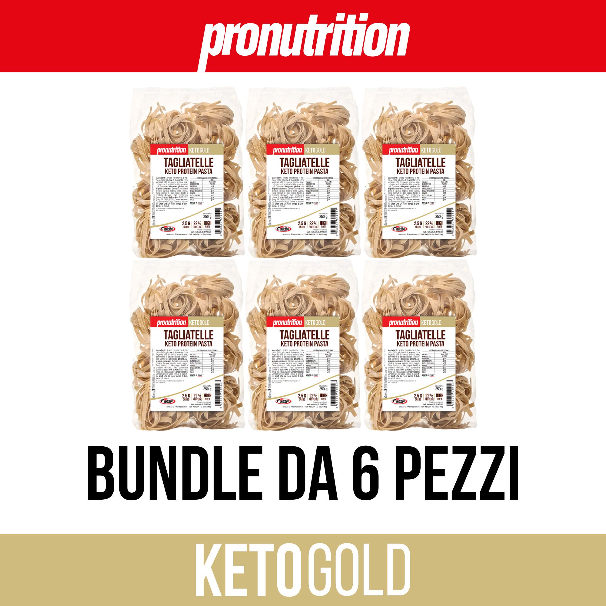 Sei confezioni di pasta. Scritta: Tagliatelle Keto Protein Pasta. Marchio: Pronutrition. Testo: Bundle da 6 pezzi. KetoGold.