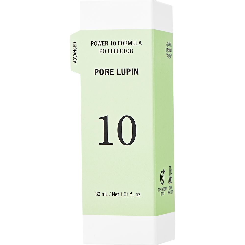 Confezione bianca con etichetta verde. Testo: POWER 10 FORMULA PO EFFECTOR, PORE LUPIN, 10, 30 ml / Net 1.01 fl. oz.