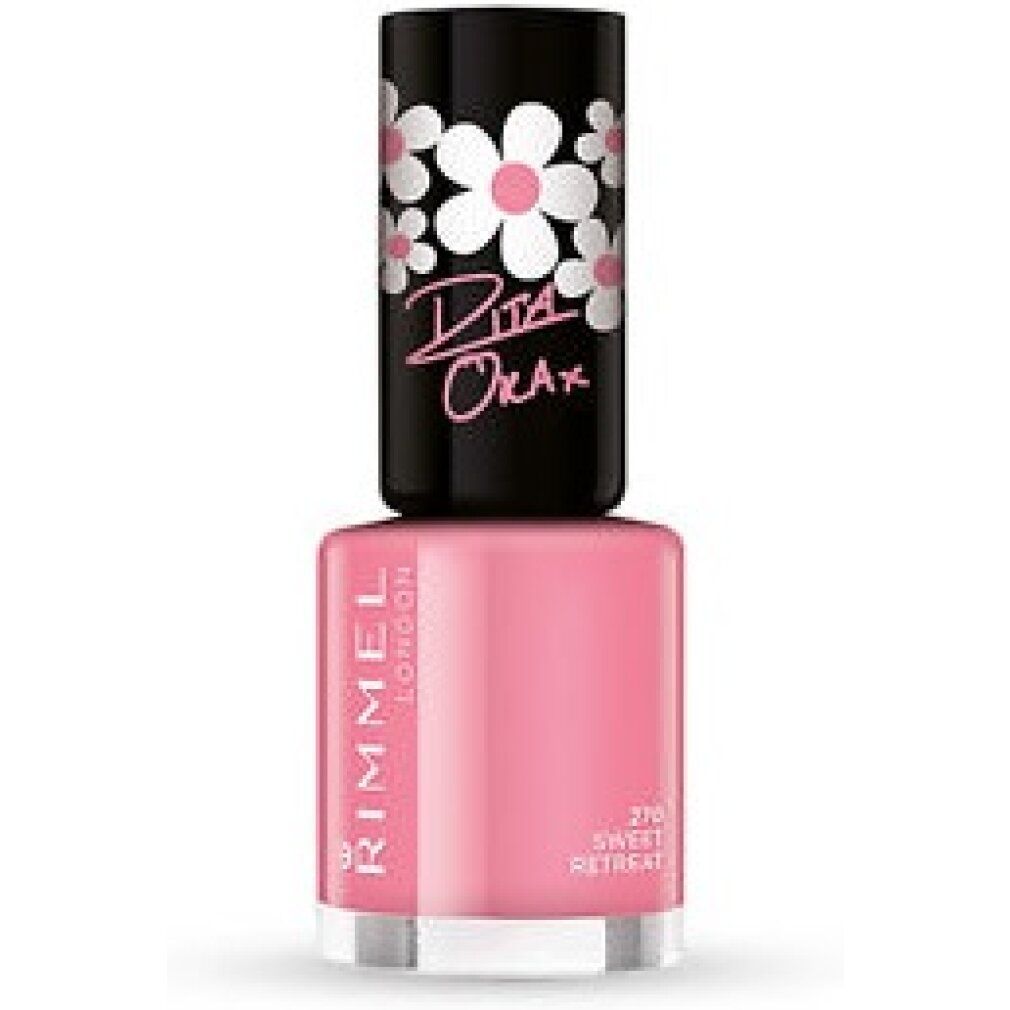Flacone di smalto rosa con tappo nero. Fiori bianchi sul tappo. "Rimmel London" e "Rita Ora" sul flacone.
