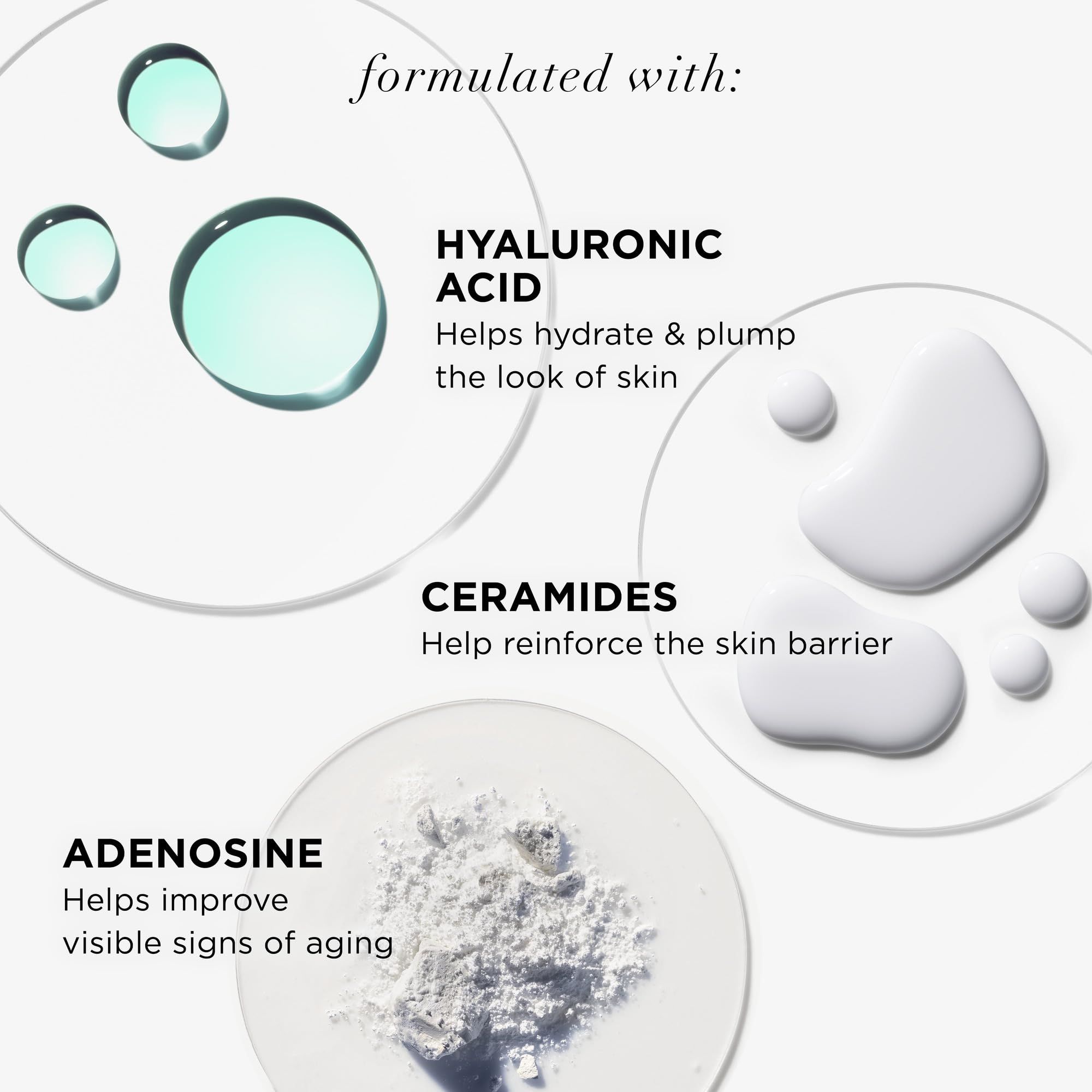 Cerchi con ingredienti: Acido ialuronico, ceramidi, adenosina. Testo: Aiuta a migliorare l'aspetto della pelle.