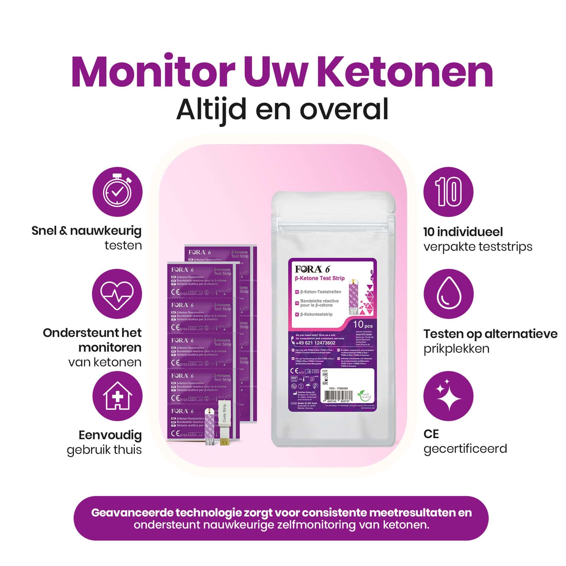 Informazioni sul misuratore FORA 6 Chetoni: Test rapidi, monitoraggio, facile uso domestico, 10 strisce, certificato CE.