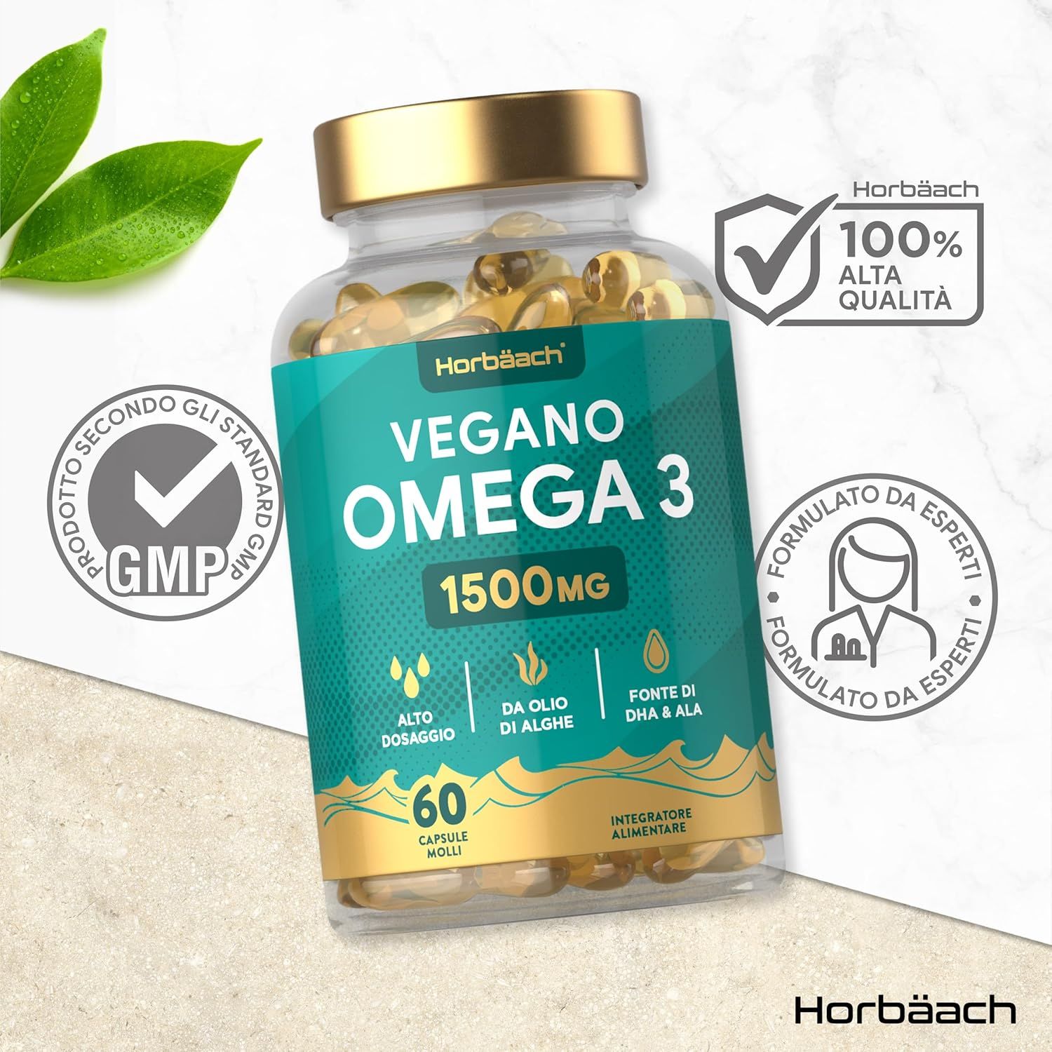 Flacone trasparente di capsule Horbaach Vegan Omega 3. 60 capsule. Certificazione GMP. Alta qualità. Formulato da esperti.