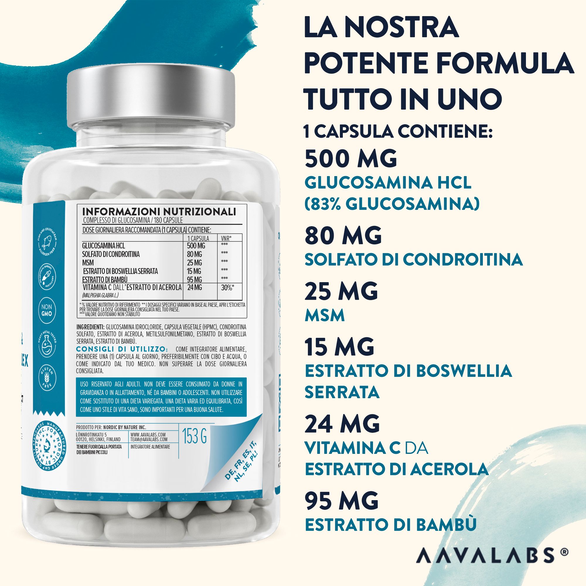 Primo piano di capsule in una ciotola. Logo Aavalabs. Senza glutine, senza conservanti, senza OGM.