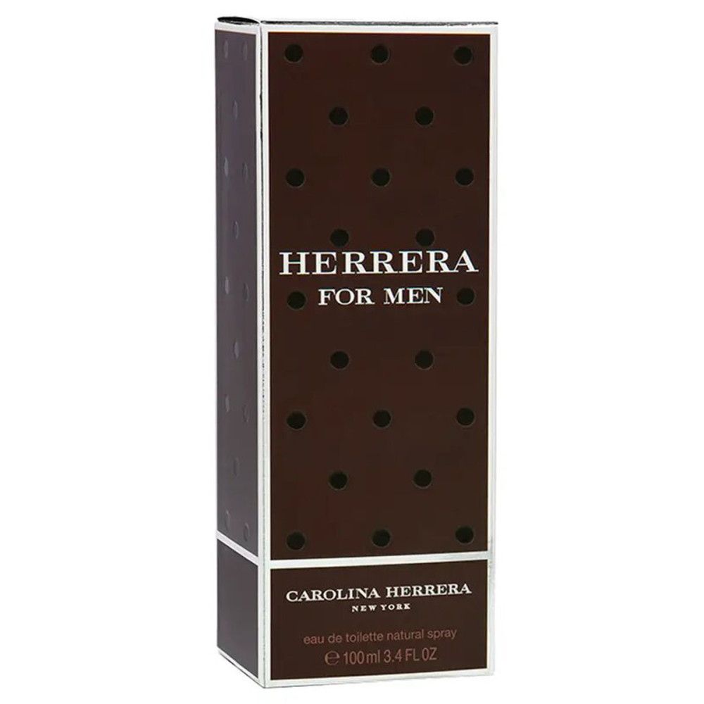 Confezione rettangolare marrone con scritta bianca "HERRERA FOR MEN" e "CAROLINA HERRERA NEW YORK".