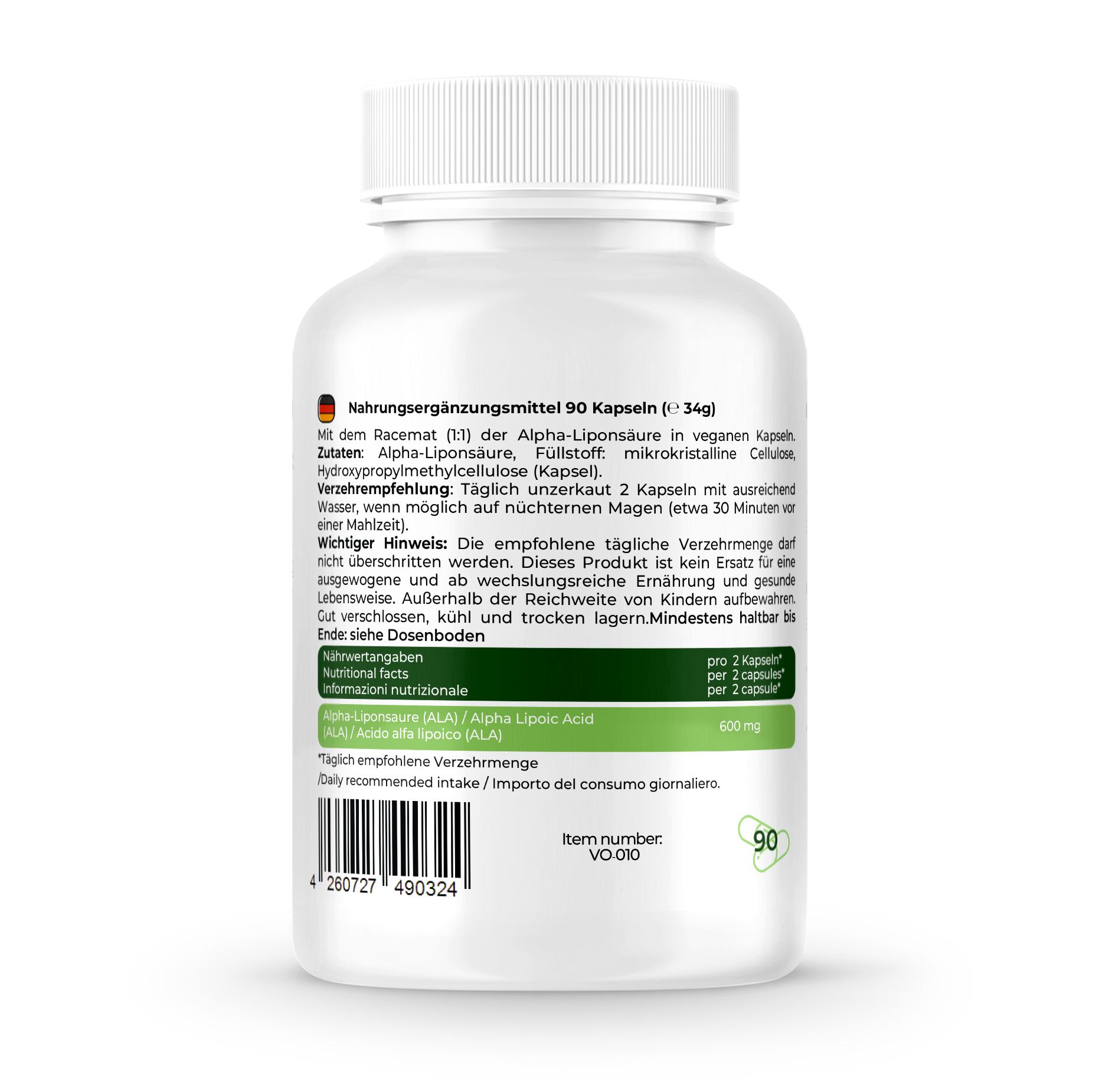 Retro del flacone bianco. Contiene informazioni sugli ingredienti e il dosaggio. 90 capsule. Testo in tedesco.