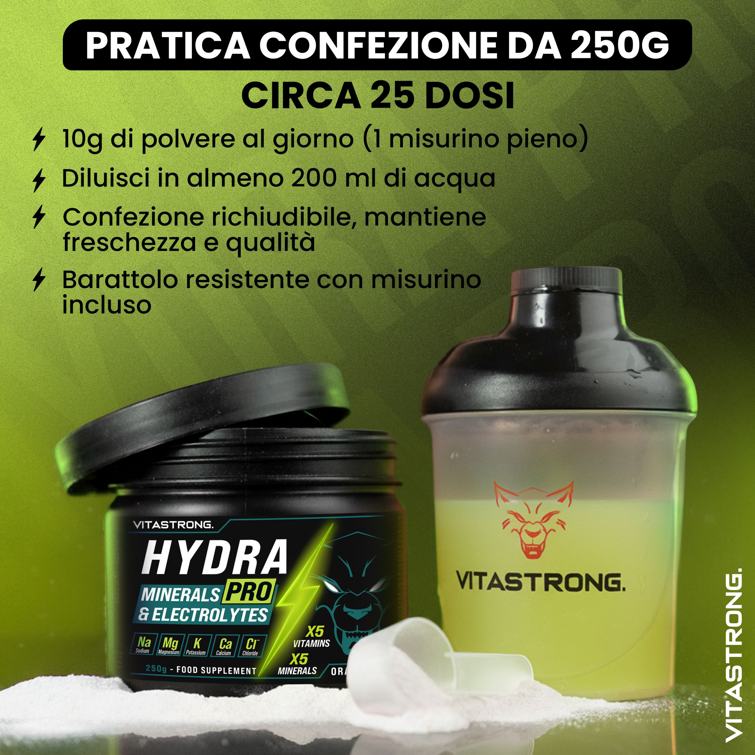Barattolo "HYDRA PRO" con misurino e shaker. Istruzioni: 10g polvere, 200ml acqua, richiudibile.