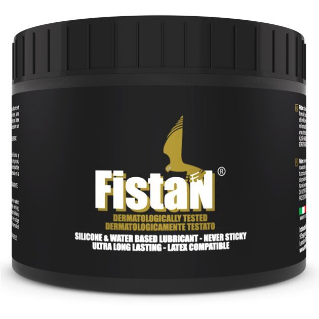 Contenitore nero con logo Fistan. Lubrificante a base d'acqua testato dermatologicamente.
