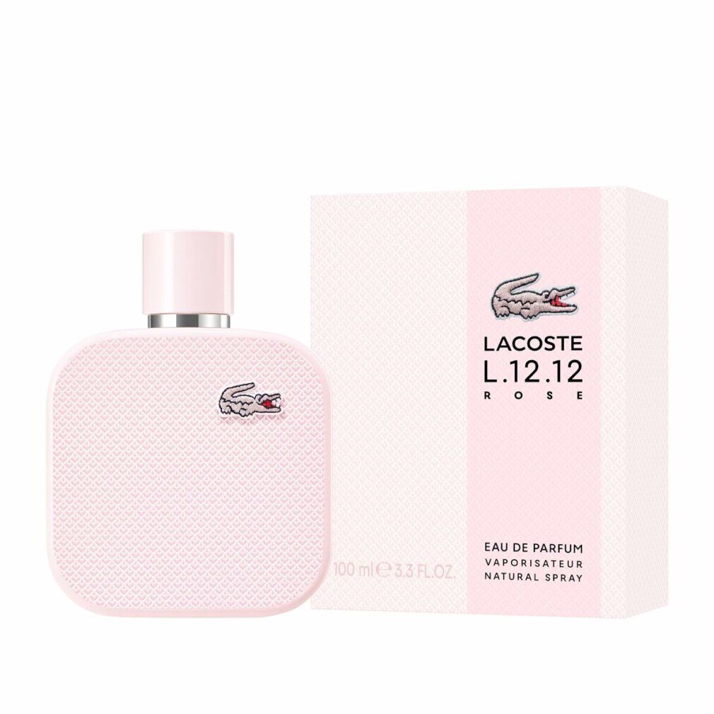 Flacone e confezione rosa. Logo coccodrillo. Testo: Lacoste L.12.12 Rose EdP Nat. Spray.