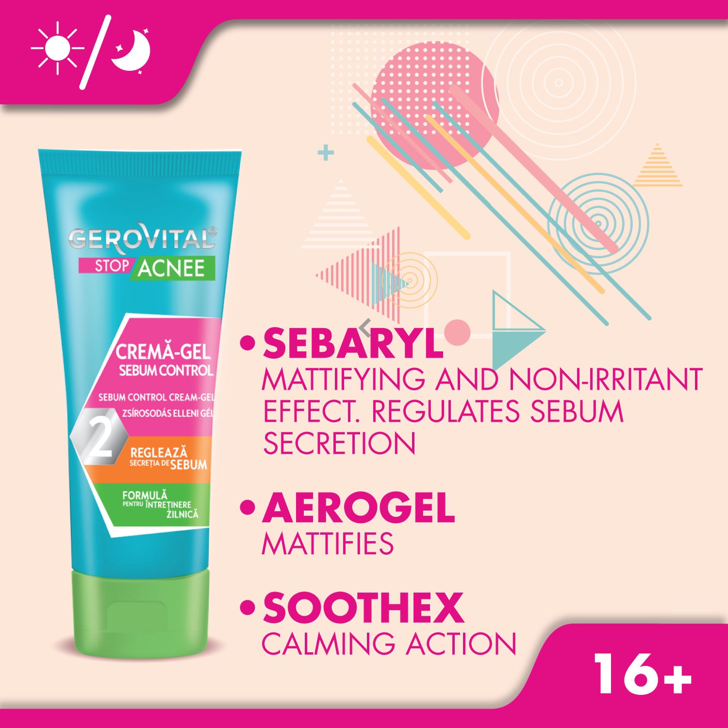 Tubo turchese e verde. Testo: Sebaryl, opacizzante e non irritante. Aerogel opacizza. Soothex lenisce. 16+.