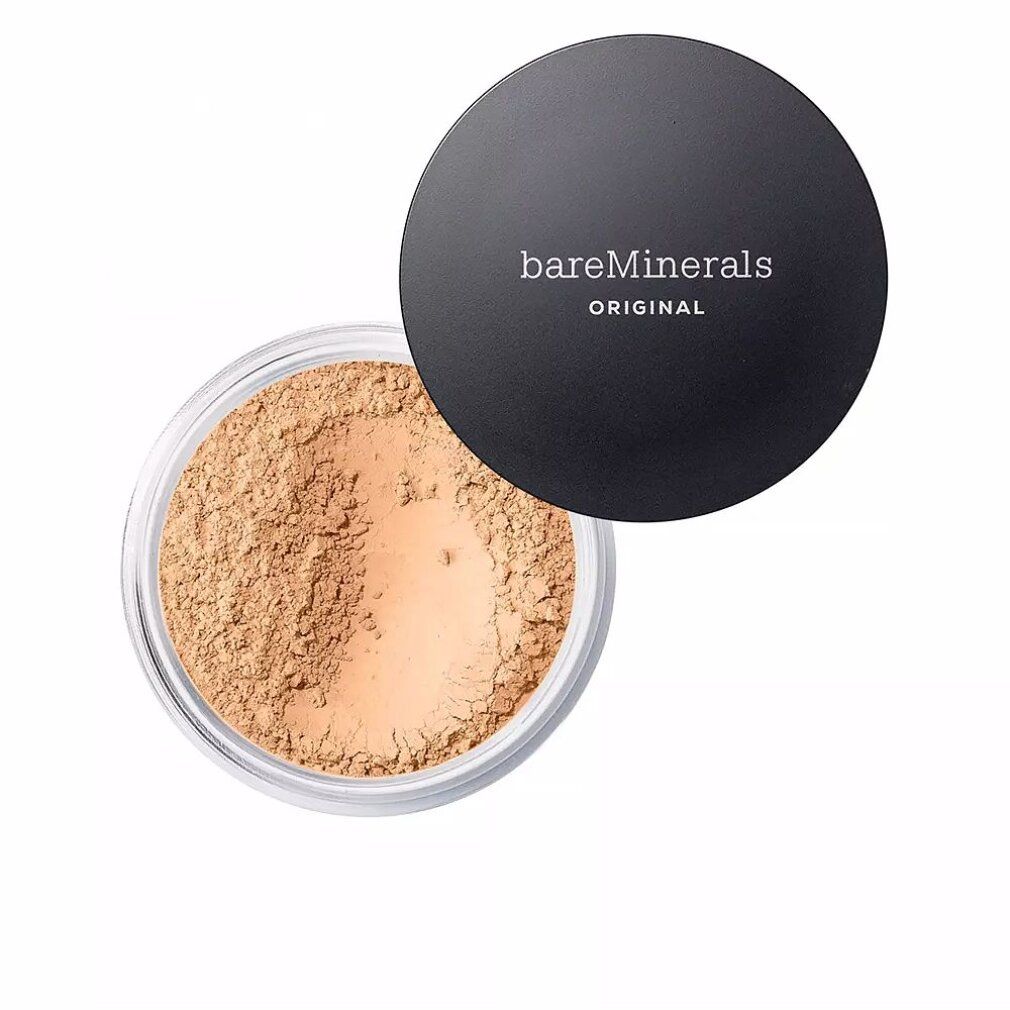 Polvere beige in un contenitore di vetro trasparente con coperchio nero. Sul coperchio è scritto "bareMinerals ORIGINAL".
