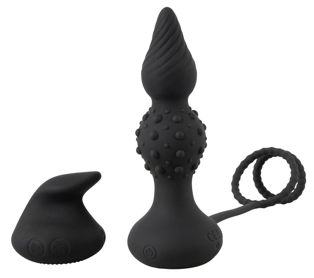 Vibratore anale nero con punta scanalata, bottoni e due anelli per pene.