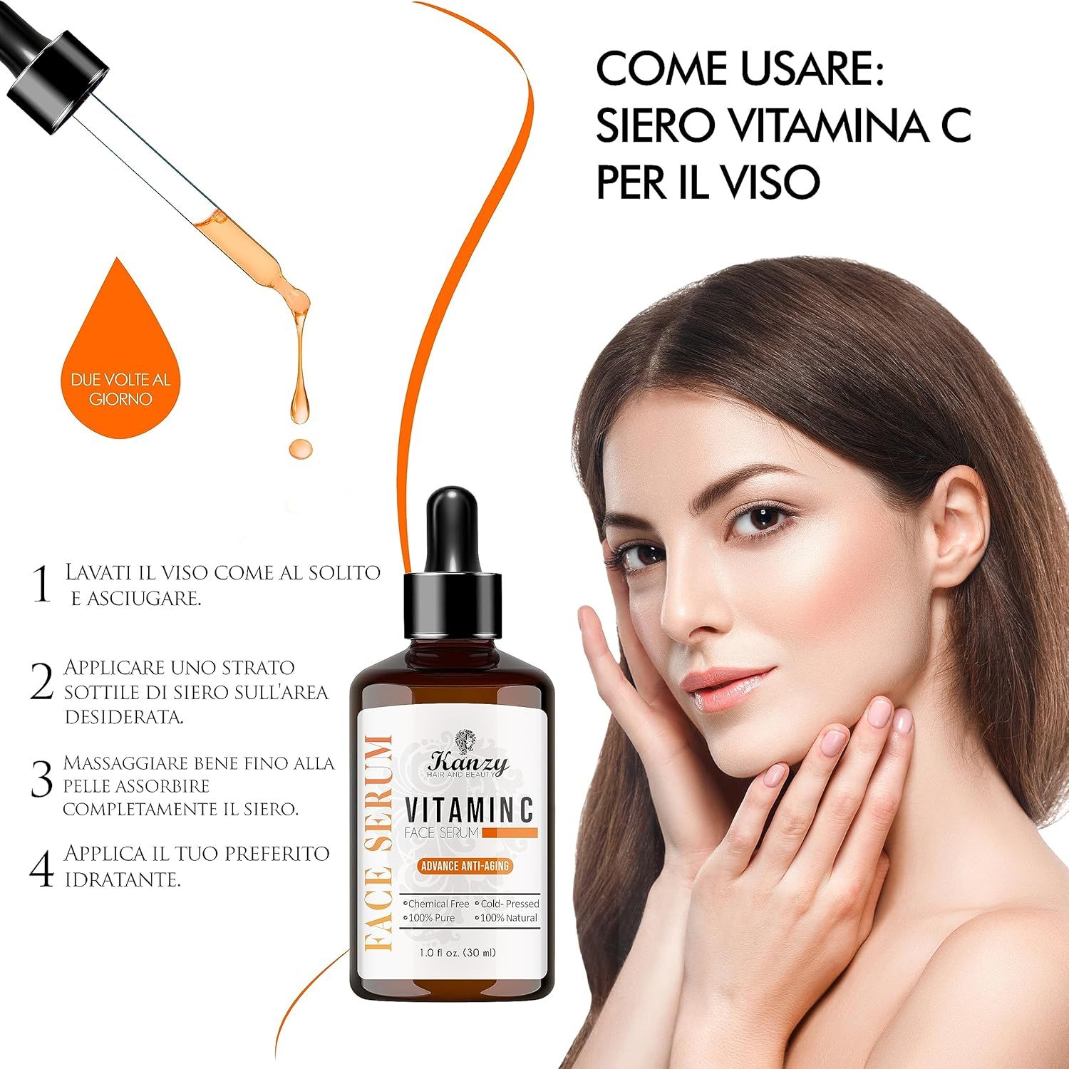 Flacone marrone di siero alla vitamina C Kanzy. Scritta: Face Serum. Con contagocce. Istruzioni per l'uso.