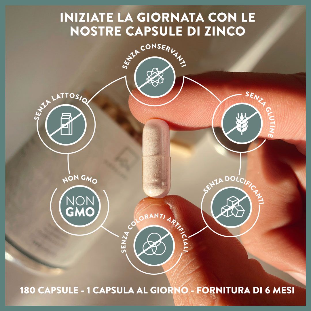 Capsula in mano. Senza conservanti, lattosio, glutine, dolcificanti, coloranti artificiali, OGM.