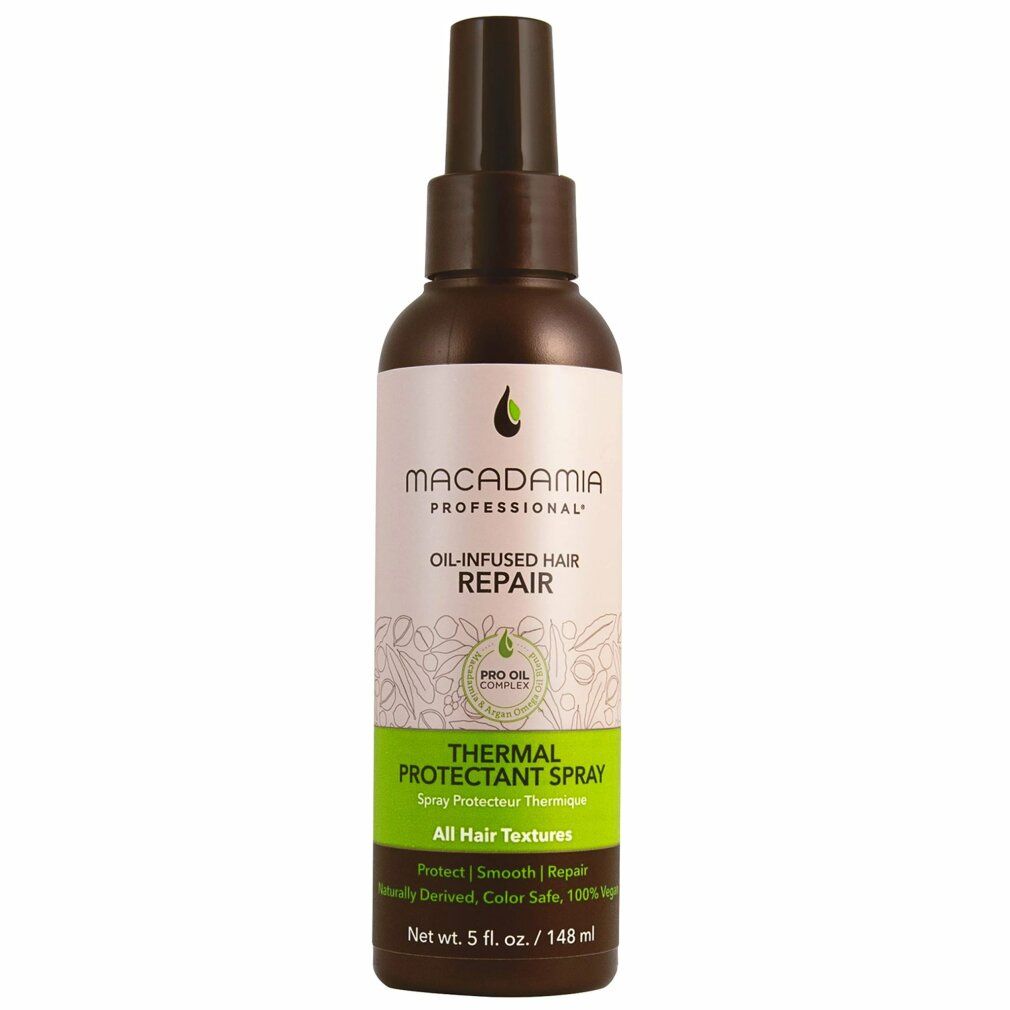 Flacone spray marrone con etichetta bianca. Testo: Macadamia Professional, Oil-Infused Hair Repair, Thermal Protectant Spray. Per tutti i tipi di capelli.