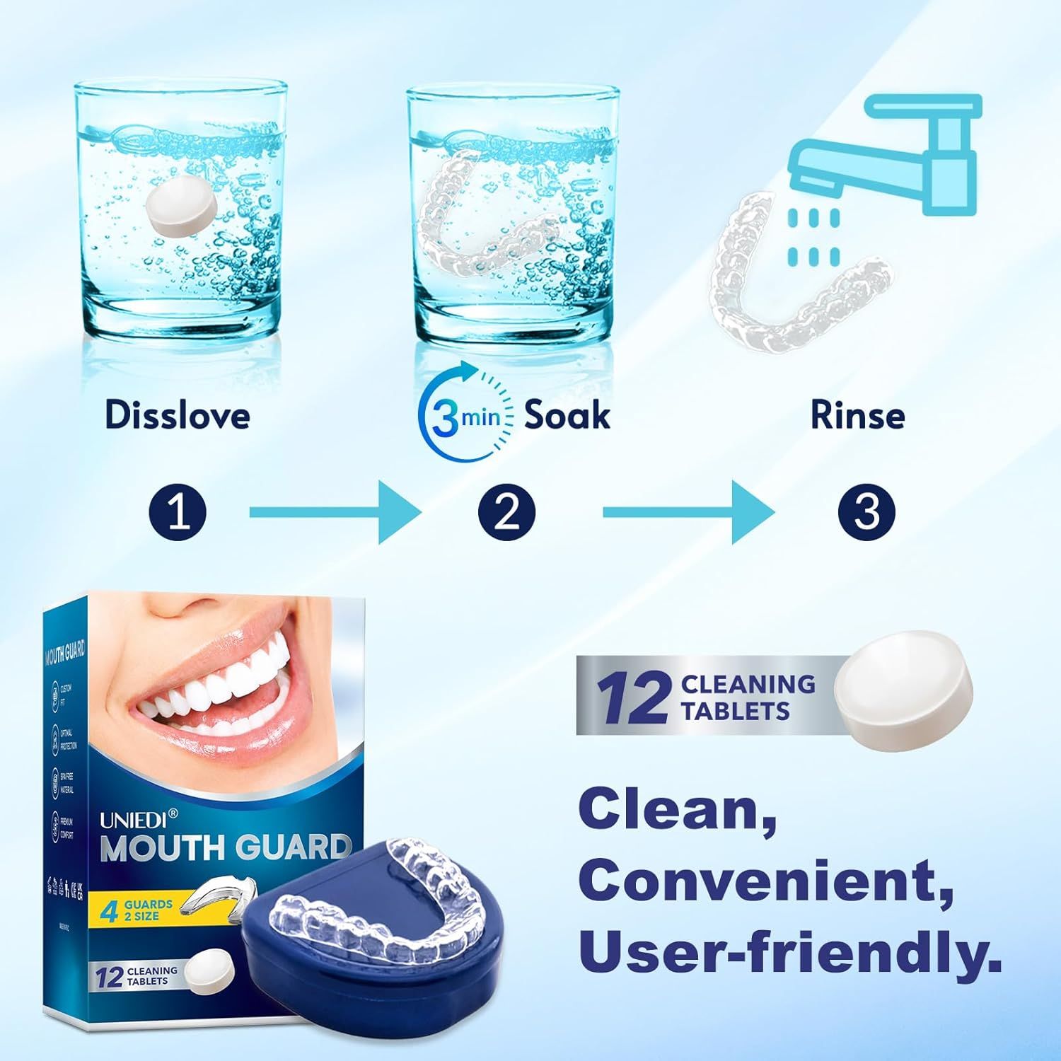 Fasi di pulizia del paradenti: sciogliere la compressa in acqua, immergere per 3 minuti, risciacquare. Confezione, 12 compresse detergenti. Testo: Pulito, comodo, facile da usare.