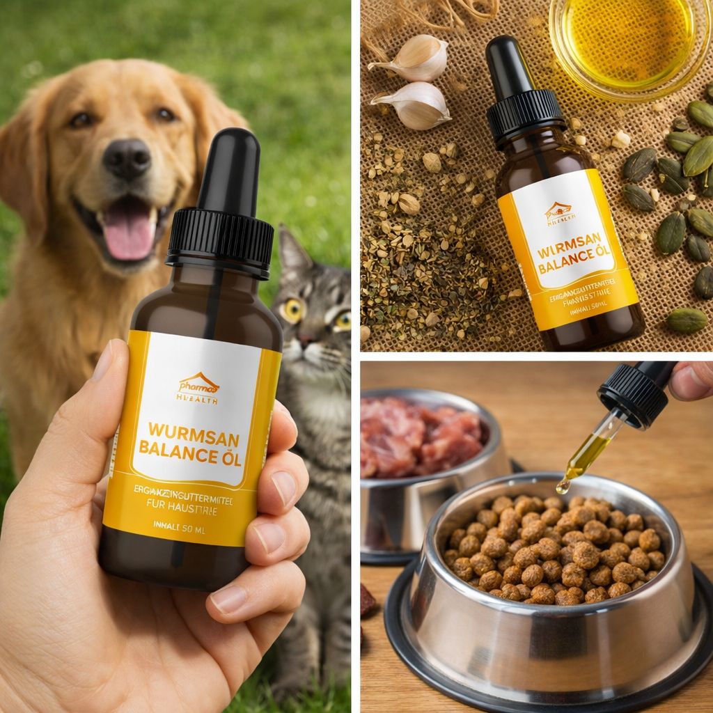 Immagine multipla. Flacone con contagocce, etichetta gialla. Cane, gatto, ingredienti e cibo. Nome prodotto: Wurmsan Balance Öl. Integratore alimentare.