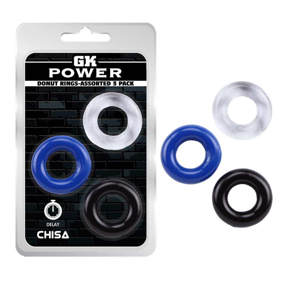 Confezione e tre anelli: blu, trasparente e nero. Testo: GK POWER, DONUT RINGS-ASSORTED 3 PACK, CHISA.