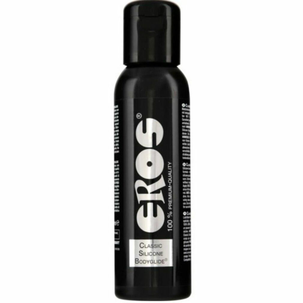 Flacone nero con tappo nero. Scritta "eros" e "CLASSIC SILICONE Bodyglide".
