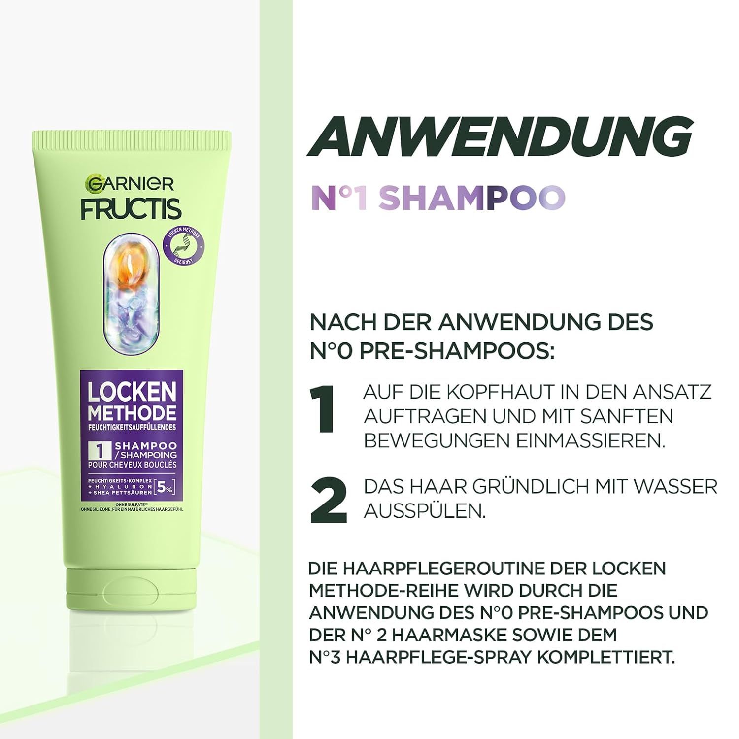 Istruzioni per l'uso dello shampoo Garnier Fructis Locken Methode. Testo: Utilizzo, N°1 Shampoo. Fasi 1 e 2, e altri prodotti.