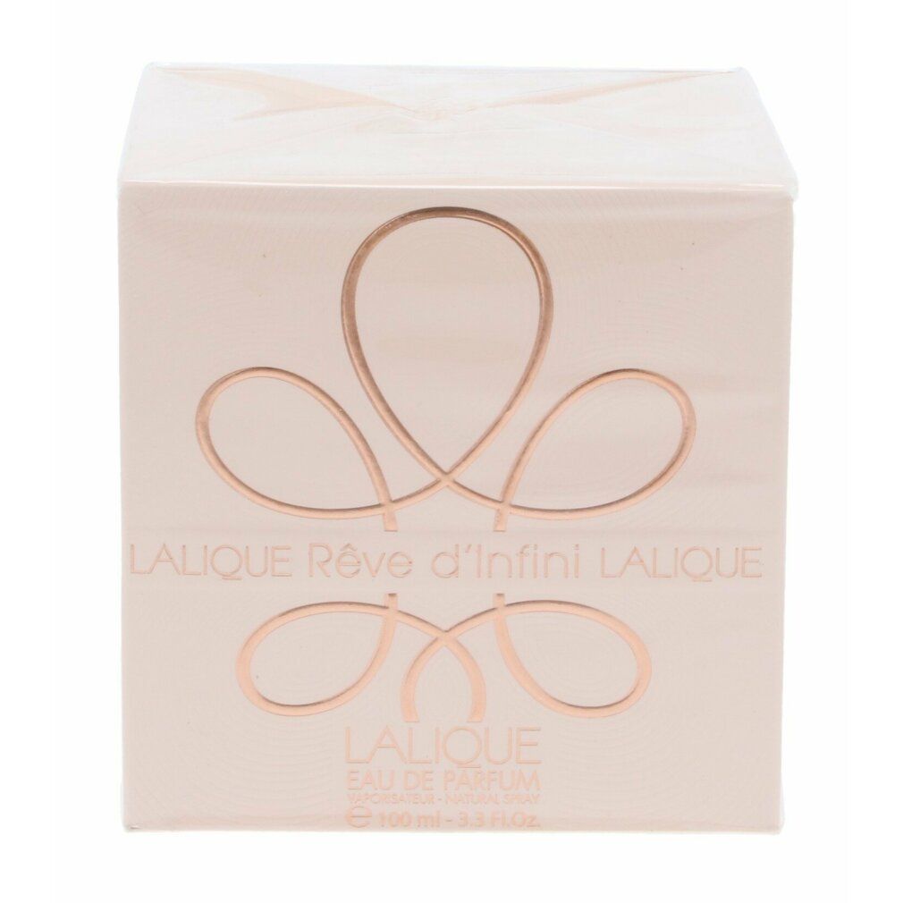 Confezione quadrata. Sfondo rosa con logo e testo dorati: Lalique Rêve d'Infini.