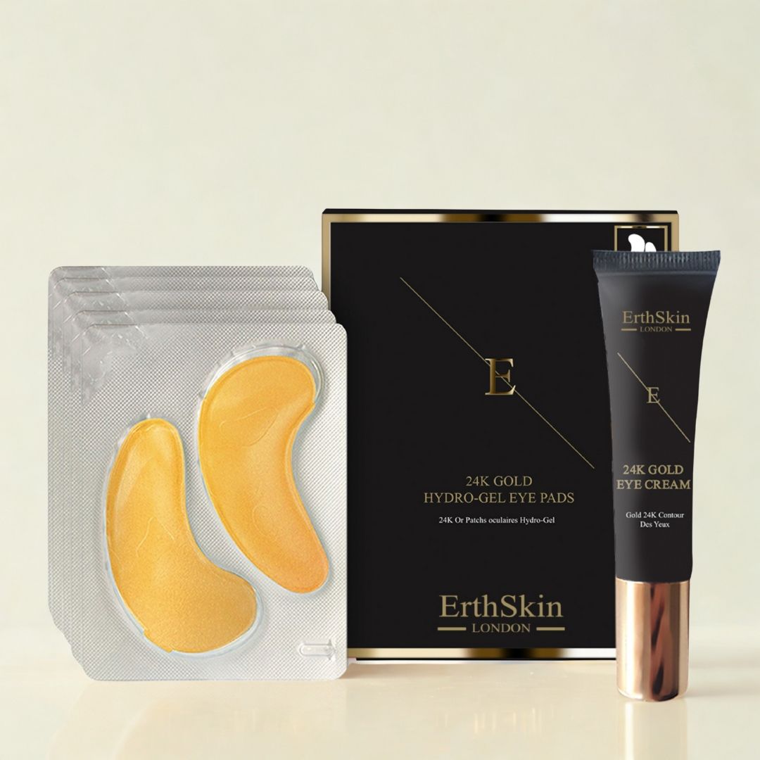 Set crema e patch occhi. Confezione nera con dettagli oro. Patch dorati in blister. Tubo con tappo dorato.