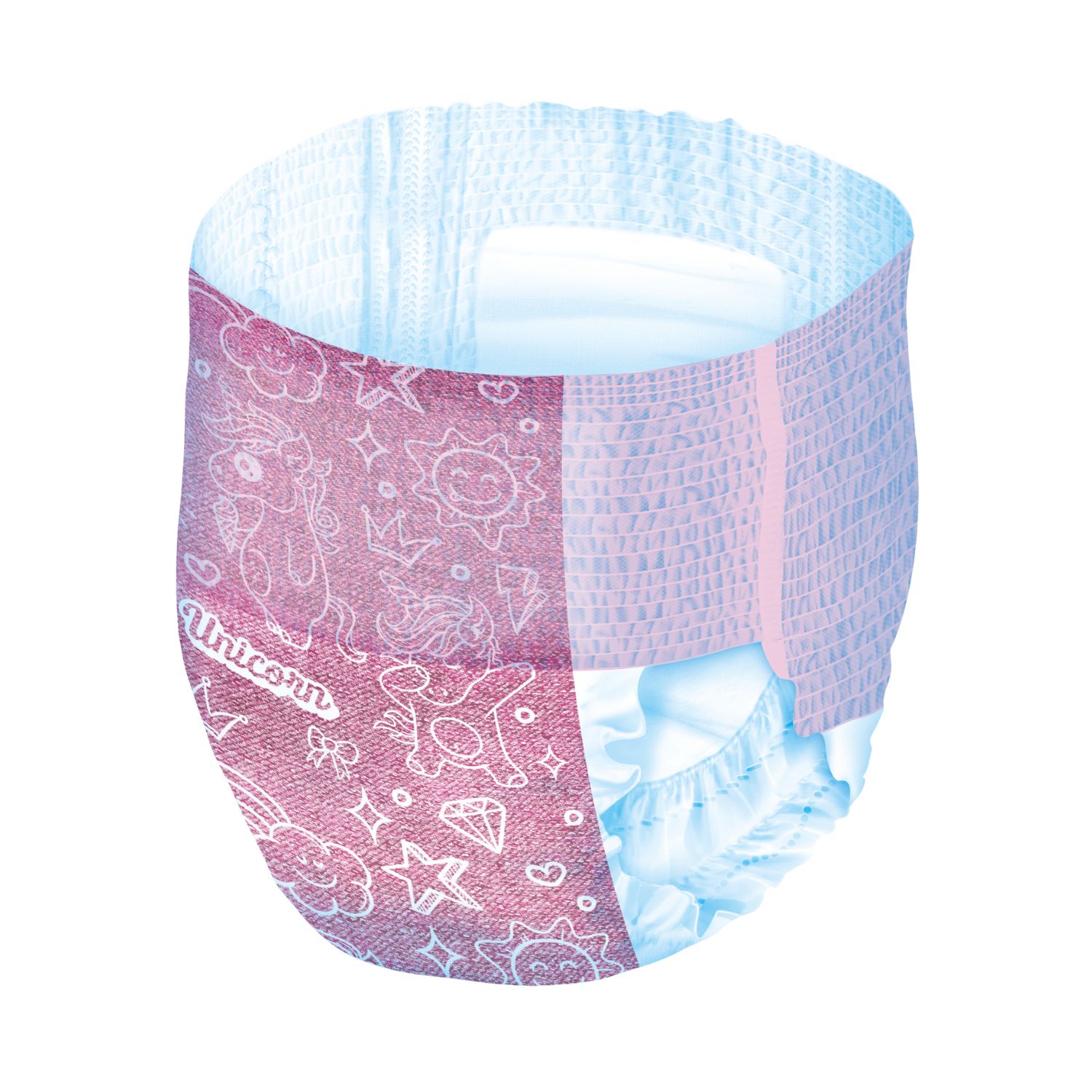 Mutandina rosa con motivo unicorno. Bordi elastici. Stampa stelle e sole. Scritta "Unicorn".