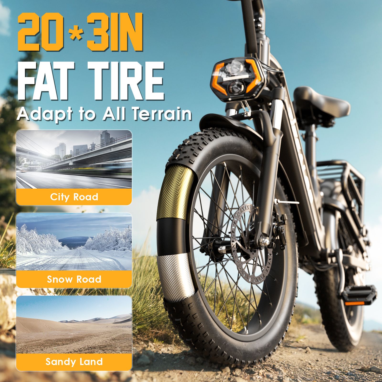 Primo piano di uno pneumatico per bici elettrica. Testo: 20*3IN FAT TIRE. Adatto a città, neve e sabbia.
