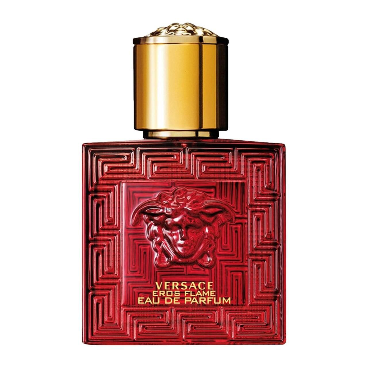 Flacone rosso con tappo dorato. Scritta: Versace Eros Flame. Eau de Parfum.