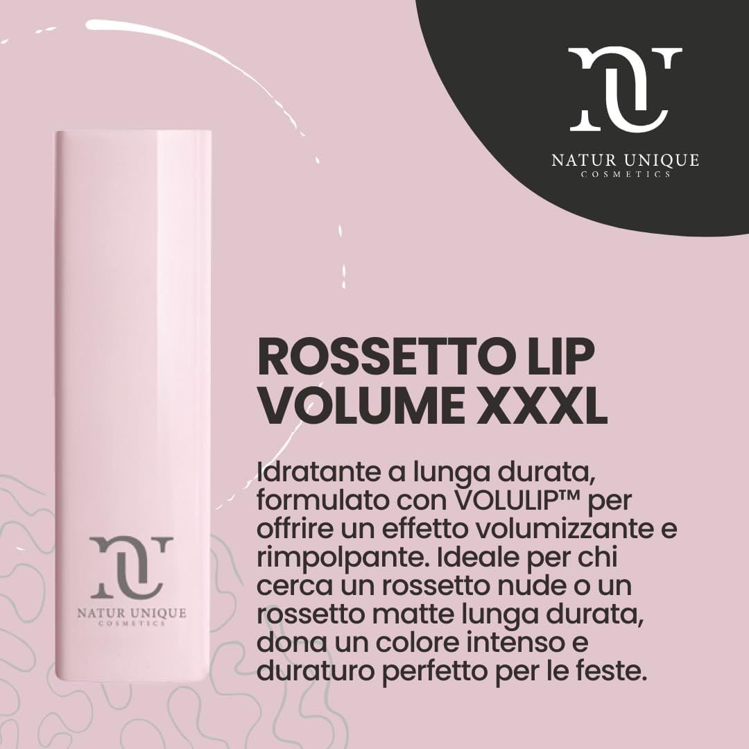 Rossetto rosa idratante a lunga durata con effetto volumizzante.