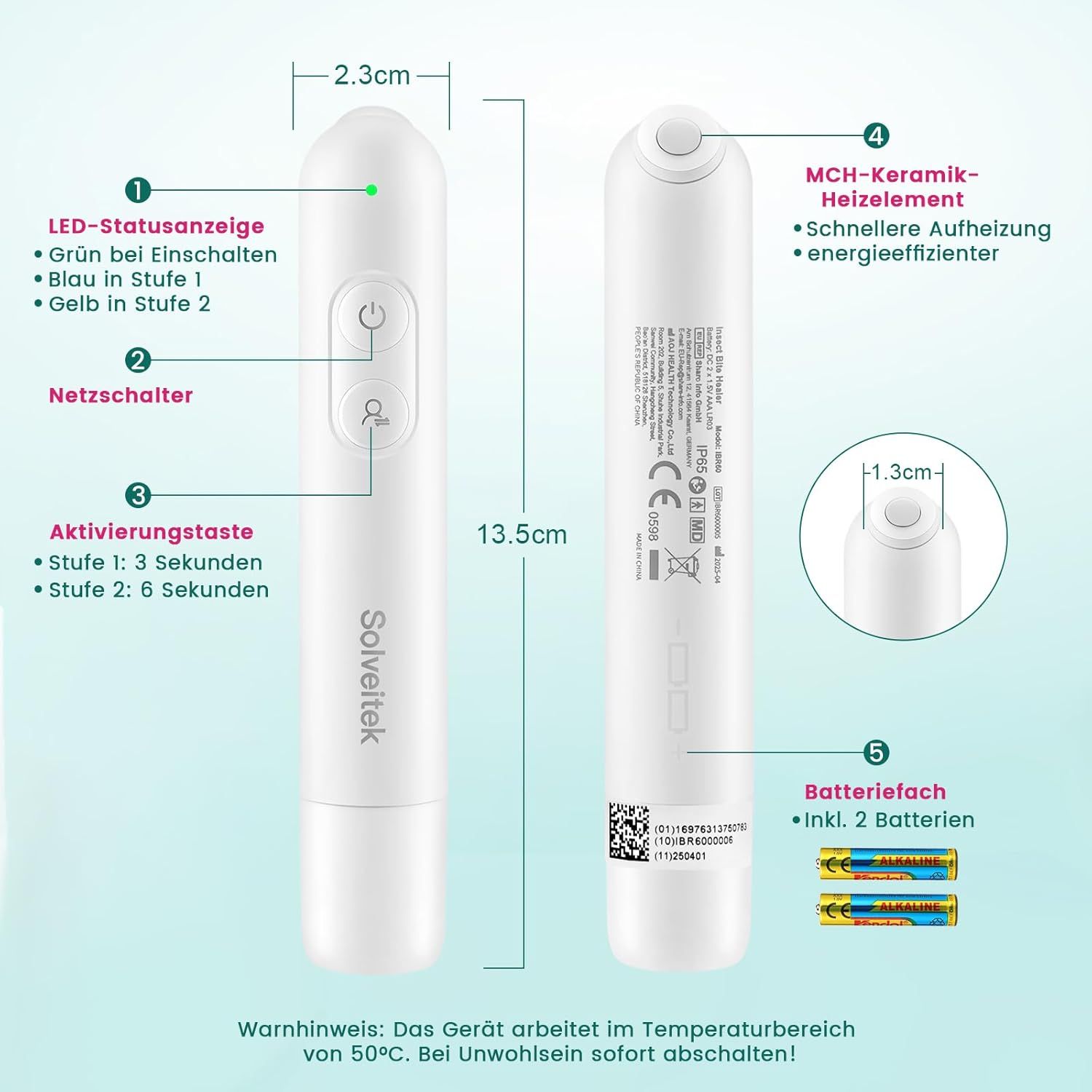 Dispositivo bianco per punture d'insetti con dimensioni. Pulsanti, LED, batteria e certificazioni. Nome: Solveitek.