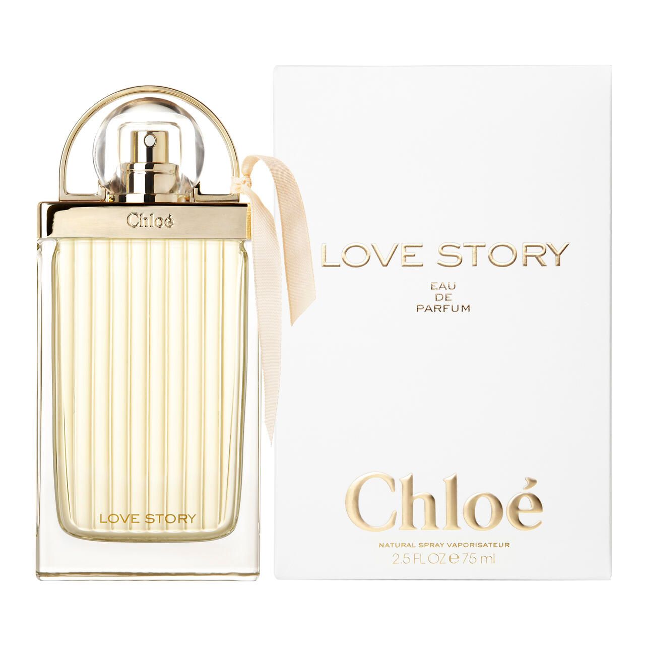 Flacone di profumo e confezione. Scritta: Chloé Love Story, Eau de Parfum, 75 ml.