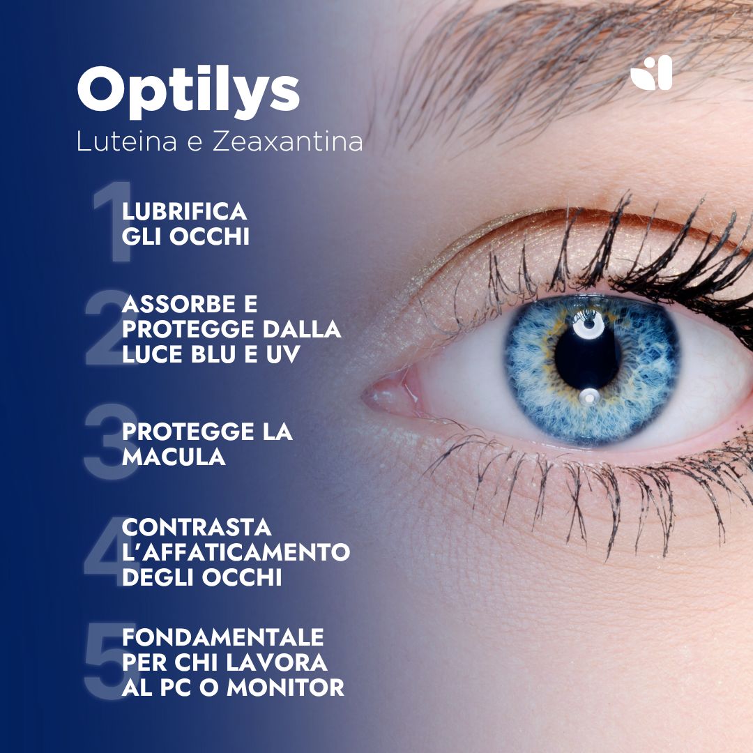 Occhio con iride blu. Testo: Optilys Luteina e Zeaxantina. 5 punti: lubrifica, protegge dalla luce blu, protegge la macula, contrasta l'affaticamento.