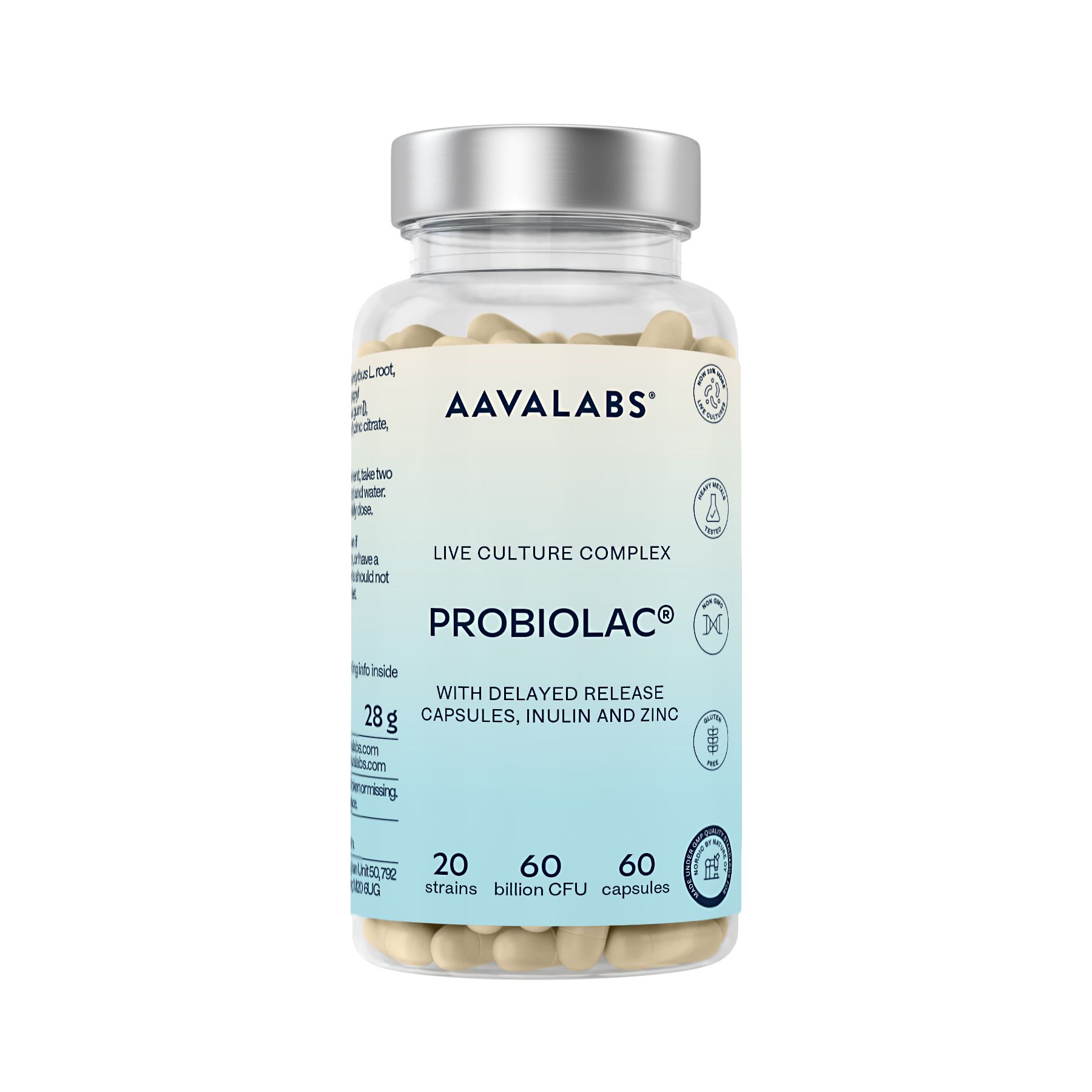 Flacone di capsule probiotiche, 28g, 60 capsule, AAVALABS PROBIOLAC, con informazioni dettagliate.