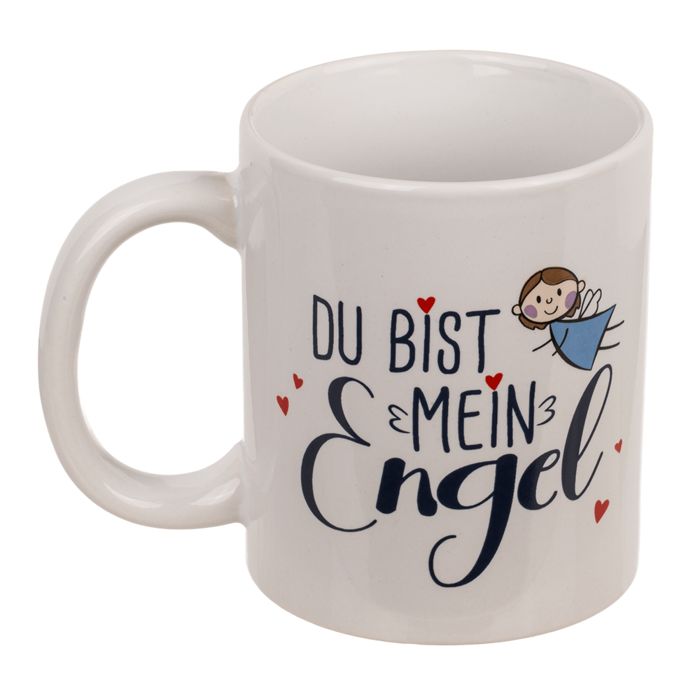 Tazza in ceramica bianca con manico. Scritta: Du bist mein Engel. Illustrazione angelo e cuori rossi.